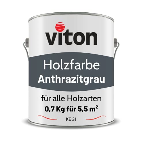 Viton Holzfarbe in Grau - 0,7 Kg Holzlack Seidenmatt - Wetterschutzfarbe für Außen - 3in1 Grundierung & Deckfarbe - Profi-Holzschutzlack - KE31 - RAL 7016 Anthrazitgrau von Viton