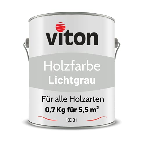 Viton Holzfarbe in Grau - 0,7 Kg Holzlack Seidenmatt - Wetterschutzfarbe für Außen - 3in1 Grundierung & Deckfarbe - Profi-Holzschutzlack - KE31 - RAL 7035 Lichtgrau von Viton