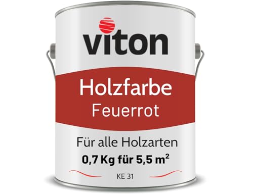 Viton Holzfarbe in Rot - 0,7 Kg Holzlack Seidenmatt - Wetterschutzfarbe für Außen - 3in1 Grundierung & Deckfarbe - Profi-Holzschutzlack - KE31 - RAL 3000 Feuerrot von Viton