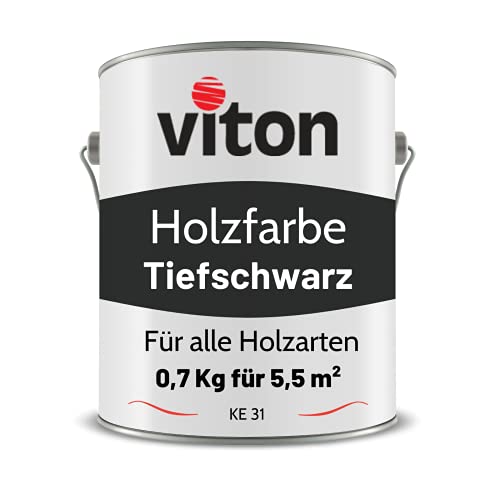 Viton Holzfarbe in Schwarz - 0,7 Kg Holzlack Seidenmatt - Wetterschutzfarbe für Außen - 3in1 Grundierung & Deckfarbe - Profi-Holzschutzlack - KE31 - RAL 9005 Tiefschwarz von Viton