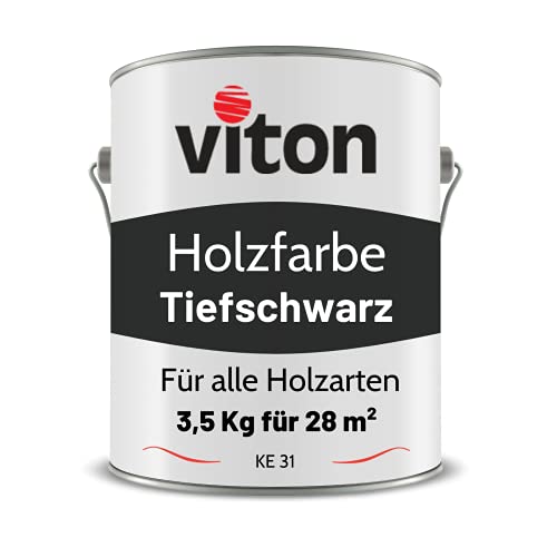 Viton Holzfarbe in Schwarz - 3,5 Kg Holzlack Seidenmatt - Wetterschutzfarbe für Außen - 3in1 Grundierung & Deckfarbe - Profi-Holzschutzlack - KE31 - RAL 9005 Tiefschwarz von Viton