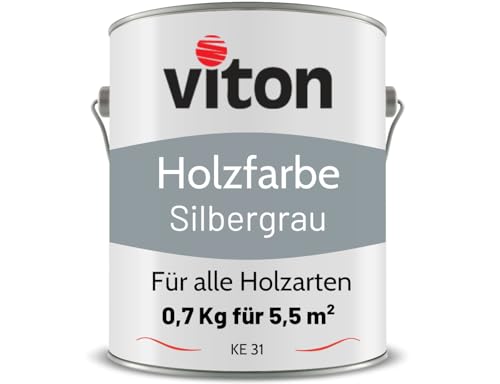 Viton Holzfarbe in Silber - 0,7 Kg Holzlack Seidenmatt - Wetterschutzfarbe für Außen - 3in1 Grundierung & Deckfarbe - Profi-Holzschutzlack - KE31 - RAL 7001 Silbergrau von Viton