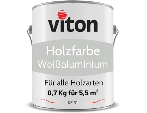 Viton Holzfarbe in Silber - 0,7 Kg Holzlack Seidenmatt - Wetterschutzfarbe für Außen - 3in1 Grundierung & Deckfarbe - Profi-Holzschutzlack - KE31 - RAL 9006 Weißaluminium von Viton