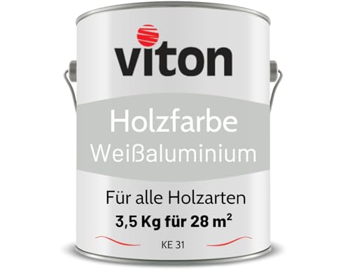 Viton Holzfarbe in Silber - 3,5 Kg Holzlack Seidenmatt - Wetterschutzfarbe für Außen - 3in1 Grundierung & Deckfarbe - Profi-Holzschutzlack - KE31 - RAL 9006 Weißaluminium von Viton