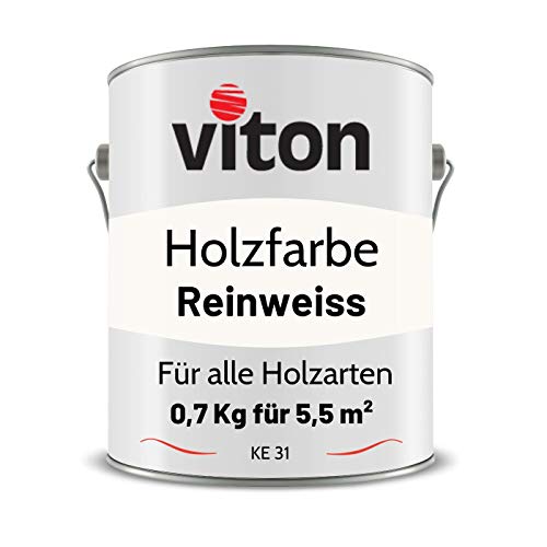 Viton Holzfarbe in Weiss - 0,7 Kg Holzlack Seidenmatt - Wetterschutzfarbe für Außen - 3in1 Grundierung & Deckfarbe - Profi-Holzschutzlack - KE31 - RAL 9010 Reinweiss von Viton