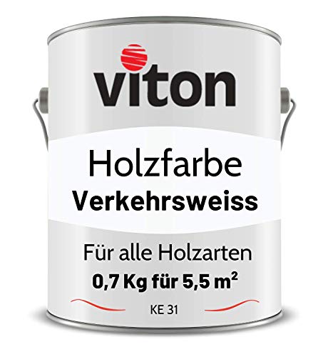 Viton Holzfarbe in Weiss - 0,7 Kg Holzlack Seidenmatt - Wetterschutzfarbe für Außen - 3in1 Grundierung & Deckfarbe - Profi-Holzschutzlack - KE31 - RAL 9016 Verkehrsweiss von Viton