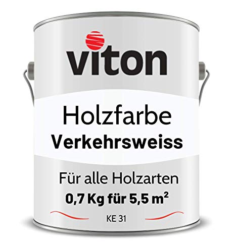 VITON Holzfarbe in Weiss - 0,7 Kg Holzlack Seidenmatt - Wetterschutzfarbe für Außen - 3in1 Grundierung & Deckfarbe - Profi-Holzschutzlack - KE31 - RAL 9016 Verkehrsweiss von Viton s.r.o.