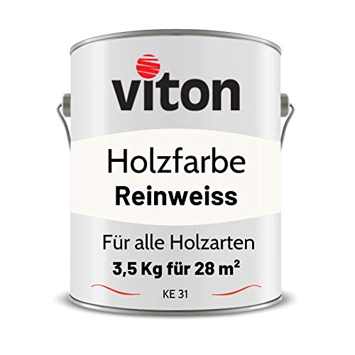 Viton Holzfarbe in Weiss - 3,5 Kg Holzlack Seidenmatt - Wetterschutzfarbe für Außen - 3in1 Grundierung & Deckfarbe - Profi-Holzschutzlack - KE31 - RAL 9010 Reinweiss von Viton