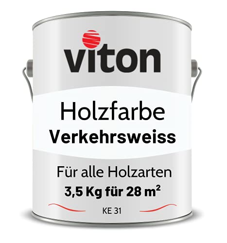 Viton Holzfarbe in Weiss - 3,5 Kg Holzlack Seidenmatt - Wetterschutzfarbe für Außen - 3in1 Grundierung & Deckfarbe - Profi-Holzschutzlack - KE31 - RAL 9016 Verkehrsweiss von Viton