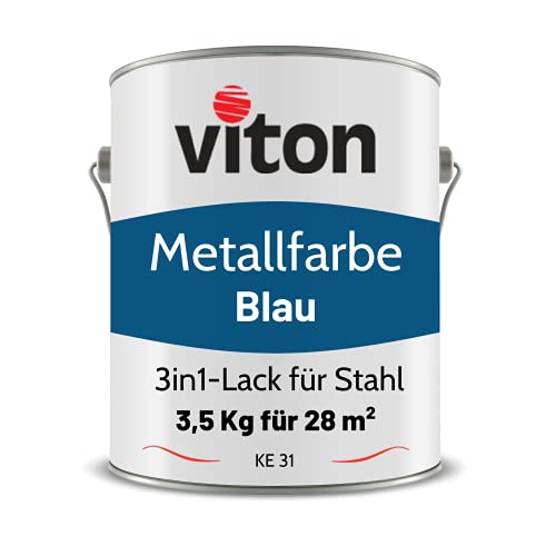VITON Metallfarbe in Blau - 3,5 Kg Metall-Schutzlack Seidenmatt - Dauerhafter Schutz & hohe Beständigkeit - 3in1 Grundierung & Deckfarbe - Metalllack direkt auf Rost - KE31 - RAL 5010 Enzianblau von Viton s.r.o.