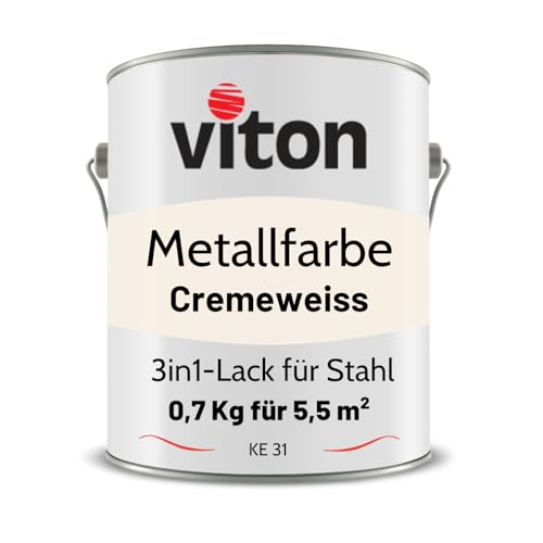 VITON Metallfarbe in Creme - 0,7 Kg Metall-Schutzlack Seidenmatt - Dauerhafter Schutz & hohe Beständigkeit - 3in1 Grundierung & Deckfarbe - Metalllack direkt auf Rost - KE31 - RAL 9001 Cremeweiss von Viton s.r.o.