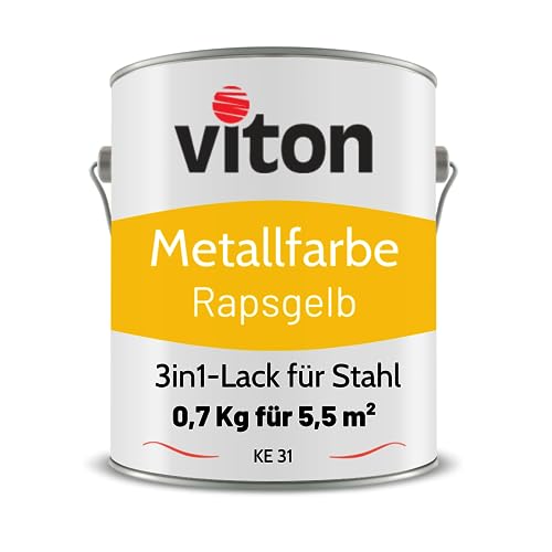 VITON Metallfarbe in Gelb - 0,7 Kg Metall-Schutzlack Seidenmatt - Dauerhafter Schutz & Beständigkeit - 3in1 Grundierung & Deckfarbe - Metalllack direkt auf Rost - KE31 - RAL 1021 Rapsgelb von Viton s.r.o.