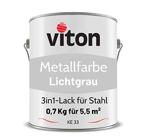 Viton Metallfarbe in Grau - 0,7 Kg Metall-Schutzlack Seidenmatt - Dauerhafter Schutz & hohe Beständigkeit - 3in1 Grundierung & Deckfarbe - Metalllack direkt auf Rost - KE31 - RAL 7035 Lichtgrau von Viton