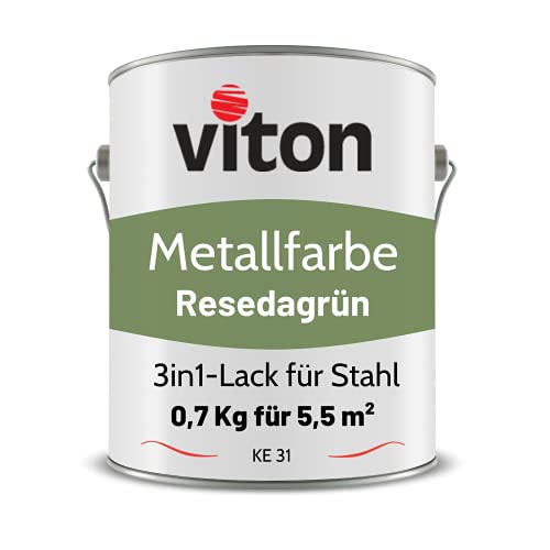 Viton Metallfarbe in Hellgrün - 0,7 Kg Metall-Schutzlack Seidenmatt - Dauerhafter Schutz & hohe Beständigkeit - 3in1 Grundierung & Deckfarbe - Metalllack direkt auf Rost - KE31 - RAL 6011 Resedagrün von Viton