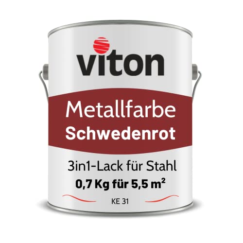 VITON Metallfarbe in Rot - 0,7 Kg Metall-Schutzlack Seidenmatt - Dauerhafter Schutz & hohe Beständigkeit - 3in1 Grundierung & Deckfarbe - Metalllack direkt auf Rost - KE31 - RAL 3011 Schwedenrot von Viton s.r.o.