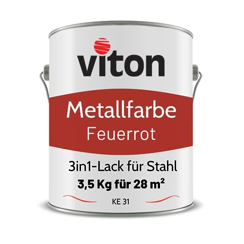 VITON Metallfarbe in Rot - 3,5 Kg Metall-Schutzlack Seidenmatt - Dauerhafter Schutz & hohe Beständigkeit - 3in1 Grundierung & Deckfarbe - Metalllack direkt auf Rost - KE31 - RAL 3000 Feuerrot von Viton s.r.o.