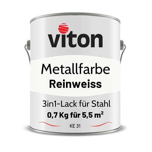 VITON Metallfarbe in Weiss - 0,7 Kg Metall-Schutzlack Seidenmatt - Dauerhafter Schutz & hohe Beständigkeit - 3in1 Grundierung & Deckfarbe - Metalllack direkt auf Rost - KE31 - RAL 9010 Reinweiss von Viton s.r.o.