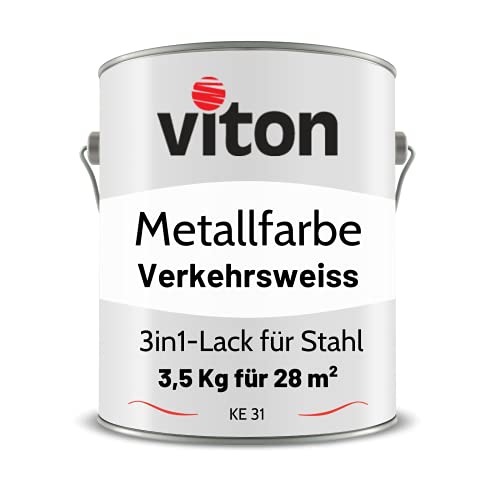 Viton Metallfarbe in Weiss - 3,5 Kg Metall-Schutzlack Seidenmatt - Dauerhafter Schutz & hohe Beständigkeit - 3in1 Grundierung & Deckfarbe - Metalllack direkt auf Rost - KE31 - RAL 9016 Verkehrsweiss von Viton