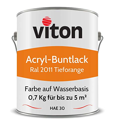 Viton Buntlack 0,7 Kg Orange - Seidenmatt - Wetterfest für Außen und Innen - 3in1 Grundierung & Lack - HAE 30 - Nachhaltige Farbe auf Wasserbasis für Holz, Metall & Stein - RAL 2011 Tieforange von Viton