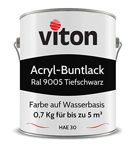 Viton Buntlack 0,7 Kg Schwarz - Seidenmatt - Wetterfest für Außen und Innen - 3in1 Grundierung & Lack - HAE 30 - Nachhaltige Farbe auf Wasserbasis für Holz, Metall & Stein - RAL 9005 Tiefschwarz von Viton