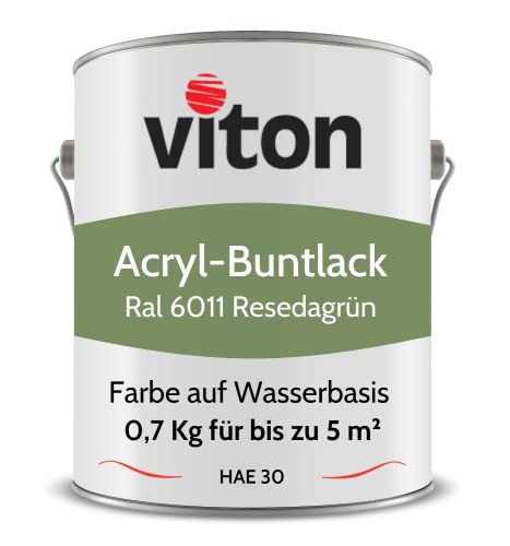 Viton Buntlack 0,7 Kg Grün - Seidenmatt - Wetterfest für Außen und Innen - 3in1 Grundierung & Lack - HAE 30 - Farbe auf Wasserbasis für Holz, Metall & Stein - RAL 6011 Resedagrün von Viton