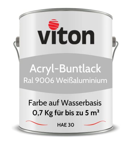Viton Buntlack 0,7 Kg Silber - Seidenmatt - Wetterfest für Außen und Innen - 3in1 Grundierung & Lack - HAE 30 - Farbe auf Wasserbasis für Holz, Metall & Stein - RAL 9006 Weißaluminium von Viton