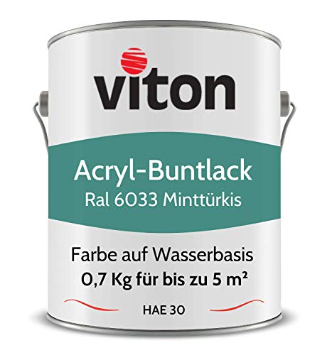 Viton Buntlack 0,7 Kg Türkis - Seidenmatt - Wetterfest für Außen und Innen - 3in1 Grundierung & Lack - HAE 30 - Nachhaltige Farbe auf Wasserbasis für Holz, Metall & Stein - RAL 6033 Minttürkis von Viton