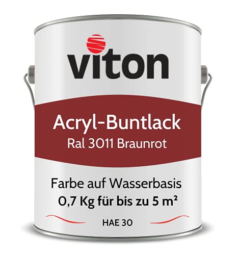 Viton Buntlack 0,7 kg Schwedenrot - Seidenmatt - Wetterfest für Außen und Innen - 3in1 Grundierung & Lack - HAE 30 - Farbe auf Wasserbasis für Holz, Metall & Stein - RAL 3011 Braunrot von Viton