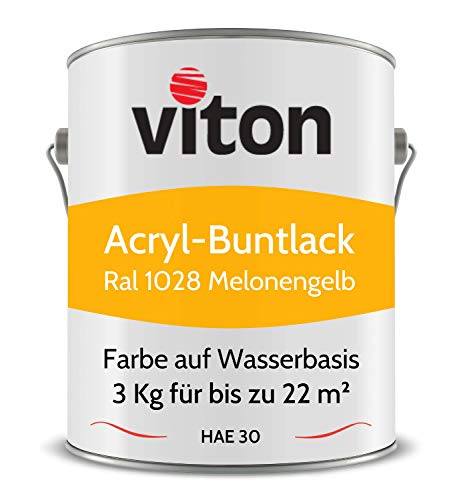 Viton Buntlack 3 Kg Gelb - Seidenmatt - Wetterfest für Außen und Innen - 3in1 Grundierung & Lack - HAE 30 - Nachhaltige Farbe auf Wasserbasis für Holz, Metall & Stein - RAL 1028 Melonengelb von Viton