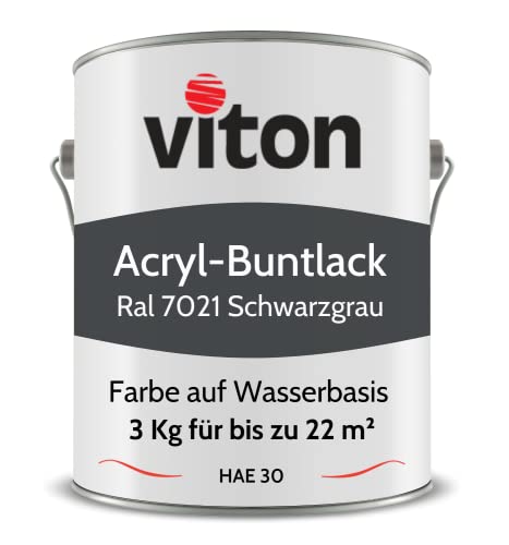 Viton Buntlack 3 Kg Schwarzgrau - Seidenmatt - Wetterfest für Außen und Innen - 3in1 Grundierung & Lack - HAE 30 - Farbe auf Wasserbasis für Holz, Metall & Stein - RAL 7021 Schwarzgrau von Viton