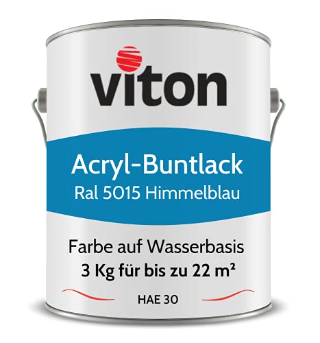 Viton Buntlack 3 kg Blau - Seidenmatt - Wetterfest für Außen und Innen - 3in1 Grundierung & Lack - HAE 30 - Nachhaltige Farbe auf Wasserbasis für Holz, Metall & Stein - RAL 5015 Himmelblau Viton Buntlack 3 kg Blau - Seidenmatt - Wetterfest für Außen und Innen - 3in1 Grundierung & Lack - HAE 30 - Nachhaltige Farbe auf Wasserbasis für Holz, Metall & Stein - RAL 5015 Himmelblau von Viton