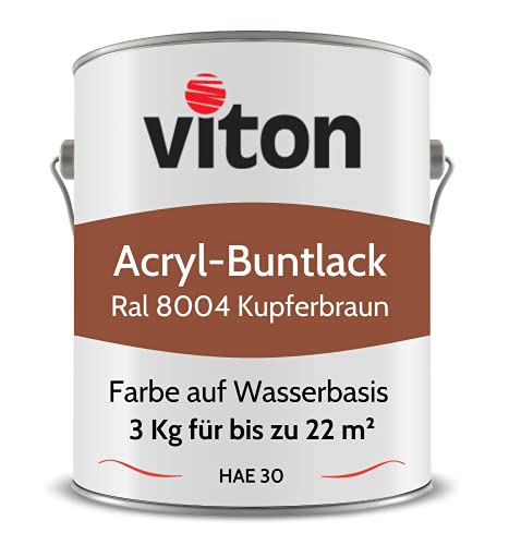 Viton Buntlack 3 kg Braun - Seidenmatt - Wetterfest für Außen und Innen - 3in1 Grundierung & Lack - HAE 30 - Nachhaltige Farbe auf Wasserbasis für Holz, Metall & Stein - RAL 8004 Kupferbraun von Viton