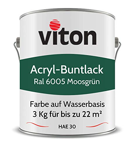 Viton Buntlack 3 kg Grün - Seidenmatt - Wetterfest für Außen und Innen - 3in1 Grundierung & Lack - HAE 30 - Nachhaltige Farbe auf Wasserbasis für Holz, Metall & Stein - RAL 6005 Moosgrün von Viton