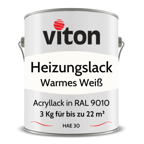 VITON Acryllack für Heizkörper - 3 Kg - Seidenmatt Weiss - UV- & Hitze-beständig - Heizkörperfarbe, Heizkörperlack, Heizungslack - HAE 30 - RAL 9010 Reinweiss (Warmes Weiss) von Viton