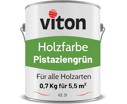 Viton Holzfarbe in Pistaziengrün - 0,7 Kg Holzlack Seidenmatt - Wetterschutzfarbe für Außen - 3in1 Grundierung & Deckfarbe - Profi-Holzschutzlack - KE31 - RAL 6018 Gelbgrün von Viton