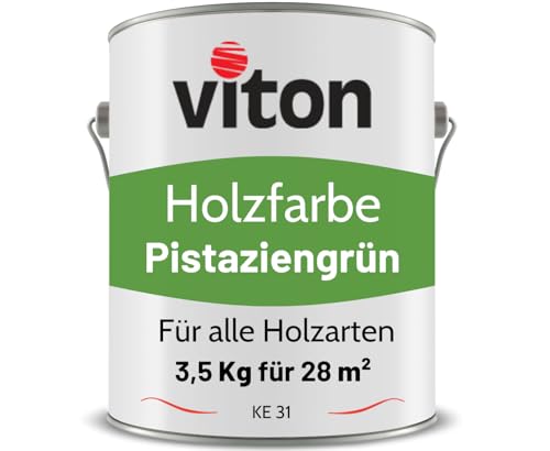 Viton Holzfarbe in Pistaziengrün - 3,5 Kg Holzlack Seidenmatt - Wetterschutzfarbe für Außen - 3in1 Grundierung & Deckfarbe - Profi-Holzschutzlack - KE31 - RAL 6018 Gelbgrün von Viton