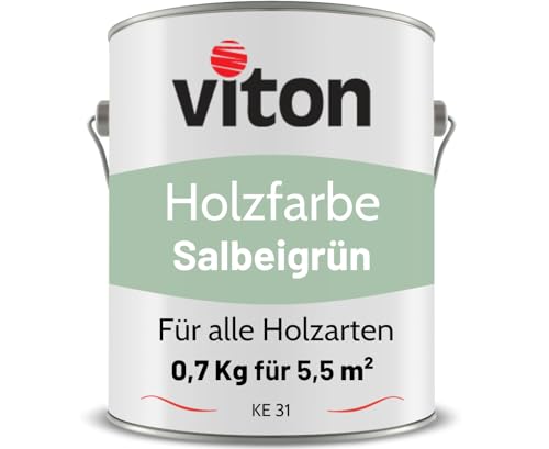 Viton Holzfarbe in Salbeigrün - 0,7 Kg Holzlack Seidenmatt - Wetterschutzfarbe für Außen - 3in1 Grundierung & Deckfarbe - Profi-Holzschutzlack - KE31 - RAL 6021 Blassgrün/Pastellgrün von Viton