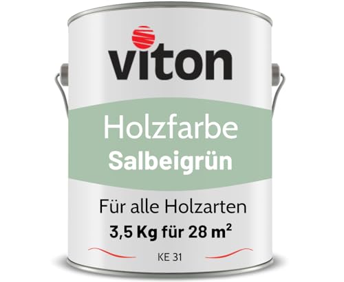 Viton Holzfarbe in Salbeigrün - 3,5 Kg Holzlack Seidenmatt - Wetterschutzfarbe für Außen - 3in1 Grundierung & Deckfarbe - Profi-Holzschutzlack - KE31 - RAL 6021 Blassgrün/Pastellgrün von Viton