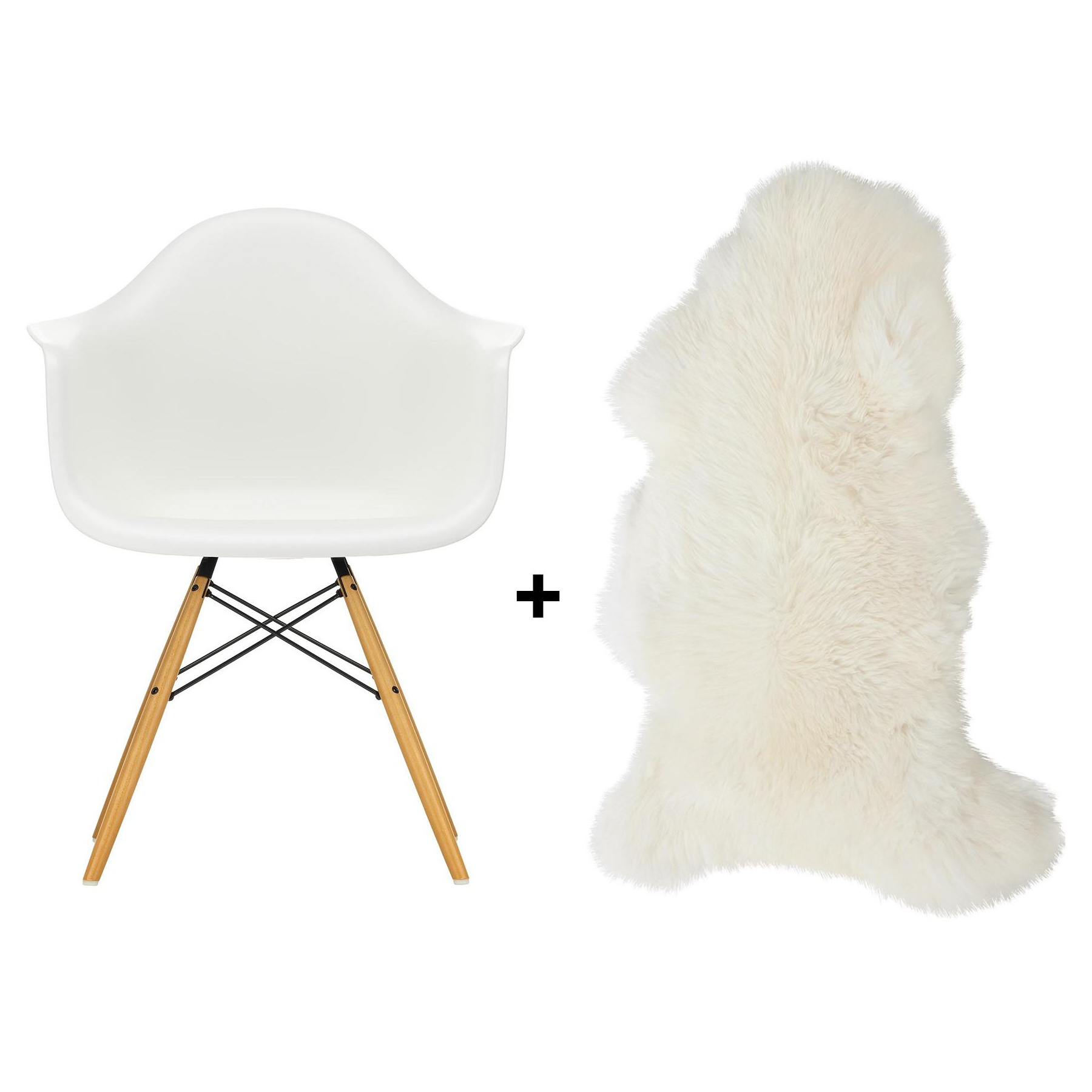 Vitra - Aktionsset Eames Plastic Chair DAW+Lammfell gratis - weiß/Lammfell gratis!/Gestell Ahorn gelblich/Stahl schwarz/BxHxT 62,5x83x60cm von Vitra