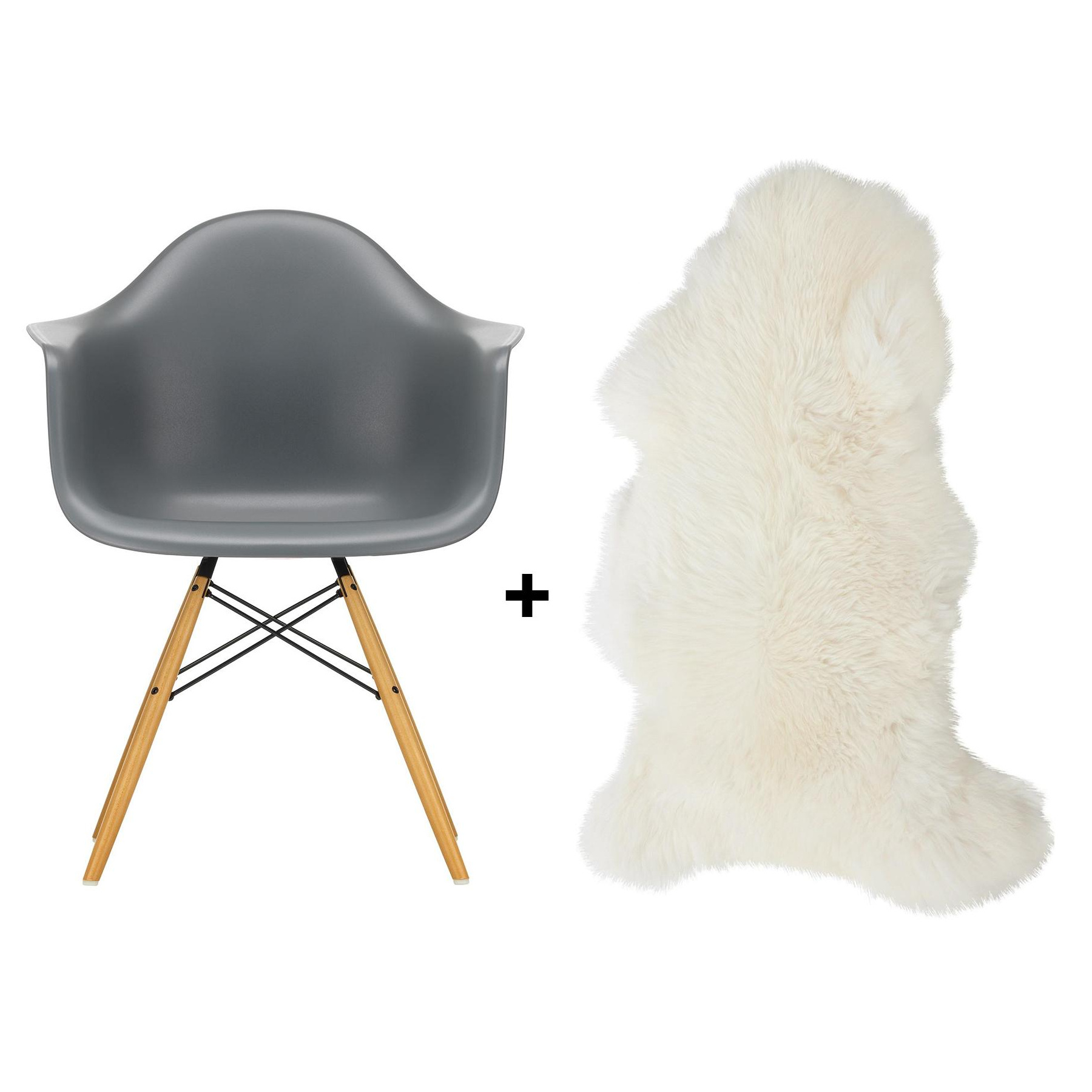 Vitra - Aktionsset Eames Plastic Chair DAW RE + Lammfell gratis - granitgrau/Lammfell gratis!/Gestell Ahorn gelblich/ Stahl schwarz/ Filzgleiter... von Vitra