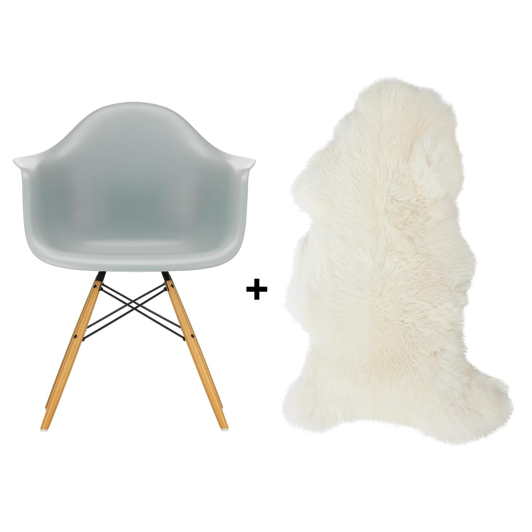 Vitra - Aktionsset Eames Plastic Chair DAW RE + Lammfell gratis - hellgrau/Lammfell gratis!/Gestell Ahorn gelblich/ Stahl schwarz/ Filzgleiter weiß/Bx von Vitra