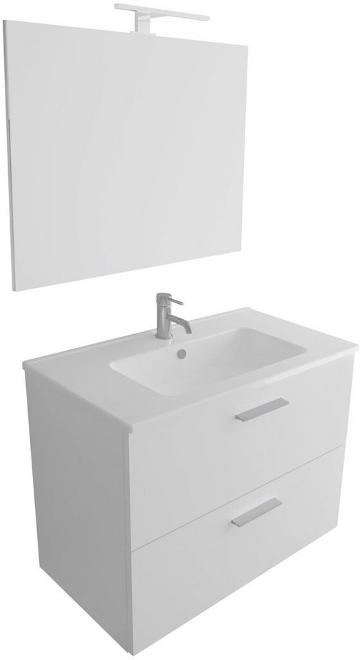 Vitra Badmöbel-Set Gäste WC Waschbecken mit Unterschrank und Spiegel - Baden Set Weiss, (3-tlg. Badezimmerschrank Set, 3-St., Waschbeckenunterschrank Set Vormontiert), Schubladenschrank mit Softclose - Waschbeckenunterschrank Hängend von Vitra