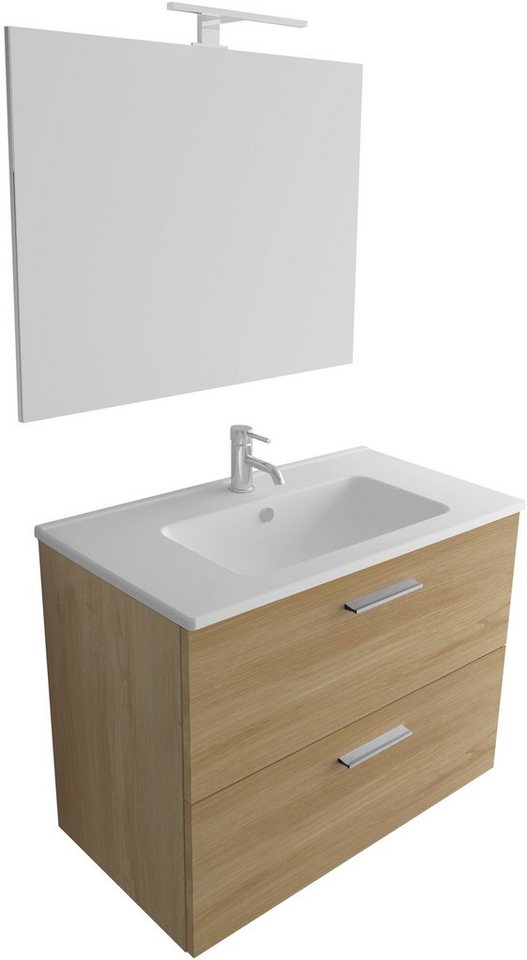 Vitra Badmöbel-Set - Waschbecken mit Unterschrank 80 cm Braun & Wandspiegel mit LED, (Badezimmermöbel Set 3 Teilig Vormontiert, 3-St., Keramik Waschbecken & Waschbeckenunterschrank & Spiegel), Badezimmer Set Möbel mit Badspiegel - Badschrank mit Softclose von Vitra