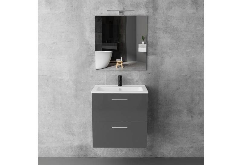 Vitra Badmöbel-Set mit Waschbecken und LED Badspiegel – Waschtisch mit Unterschrank, (Waschbecken mit Unterschrank 60 cm Breit, Waschbeckenunterschrank Anthrazit), Badschrank mit Spiegel mit Licht von Vitra