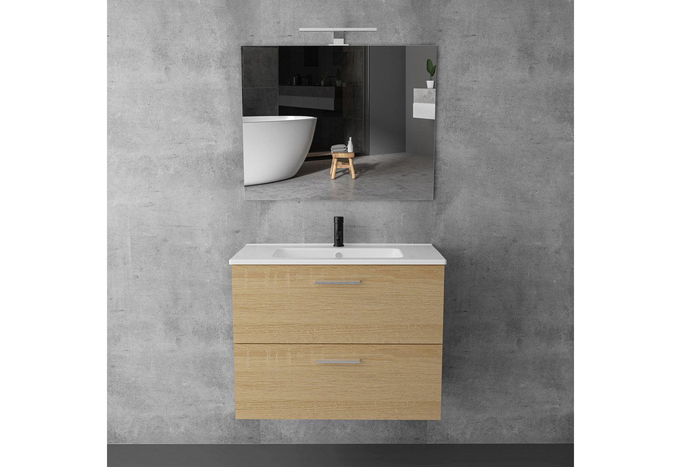 Vitra Badmöbel-Set mit Waschbecken und LED Badspiegel – Waschtisch mit Unterschrank, (Waschbeckenunterschrank Eiche Hell, Waschbecken mit Unterschrank 80 cm Breit), Badschrank Hängend mit Spiegel mit Beleuchtung von Vitra