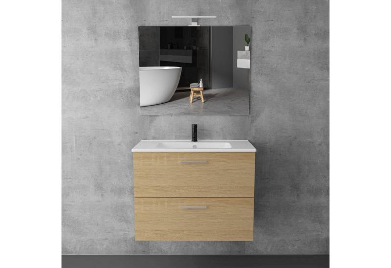 Vitra Badmöbel-Set mit Waschbecken und LED Badspiegel – Waschtisch mit Unterschrank, (Waschbeckenunterschrank Eiche Hell, Waschbecken mit Unterschrank 80 cm Breit), Badschrank Hängend mit Spiegel mit Beleuchtung von Vitra