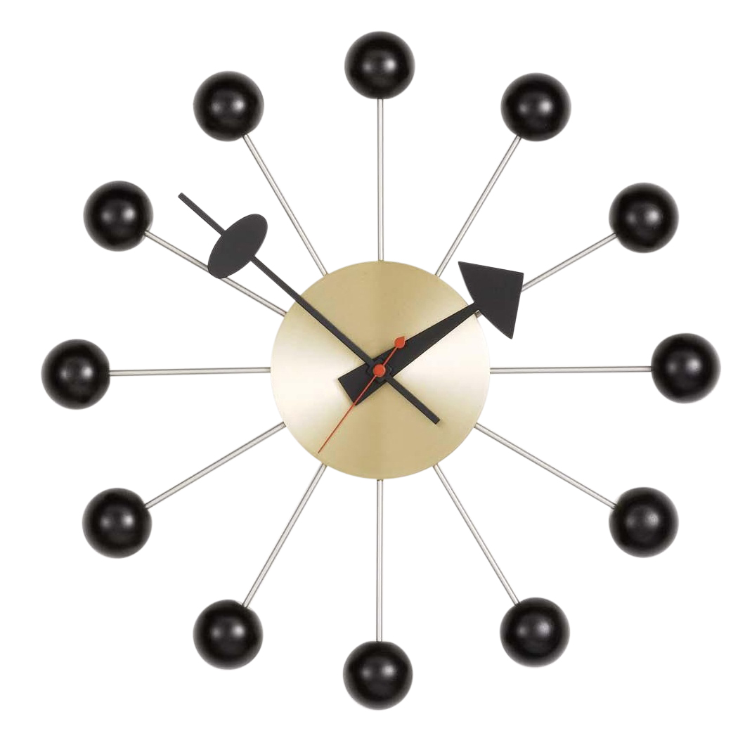 Vitra - Ball Clock Nelson Wanduhr - schwarz/messing/Holz/Ø33cm von Vitra