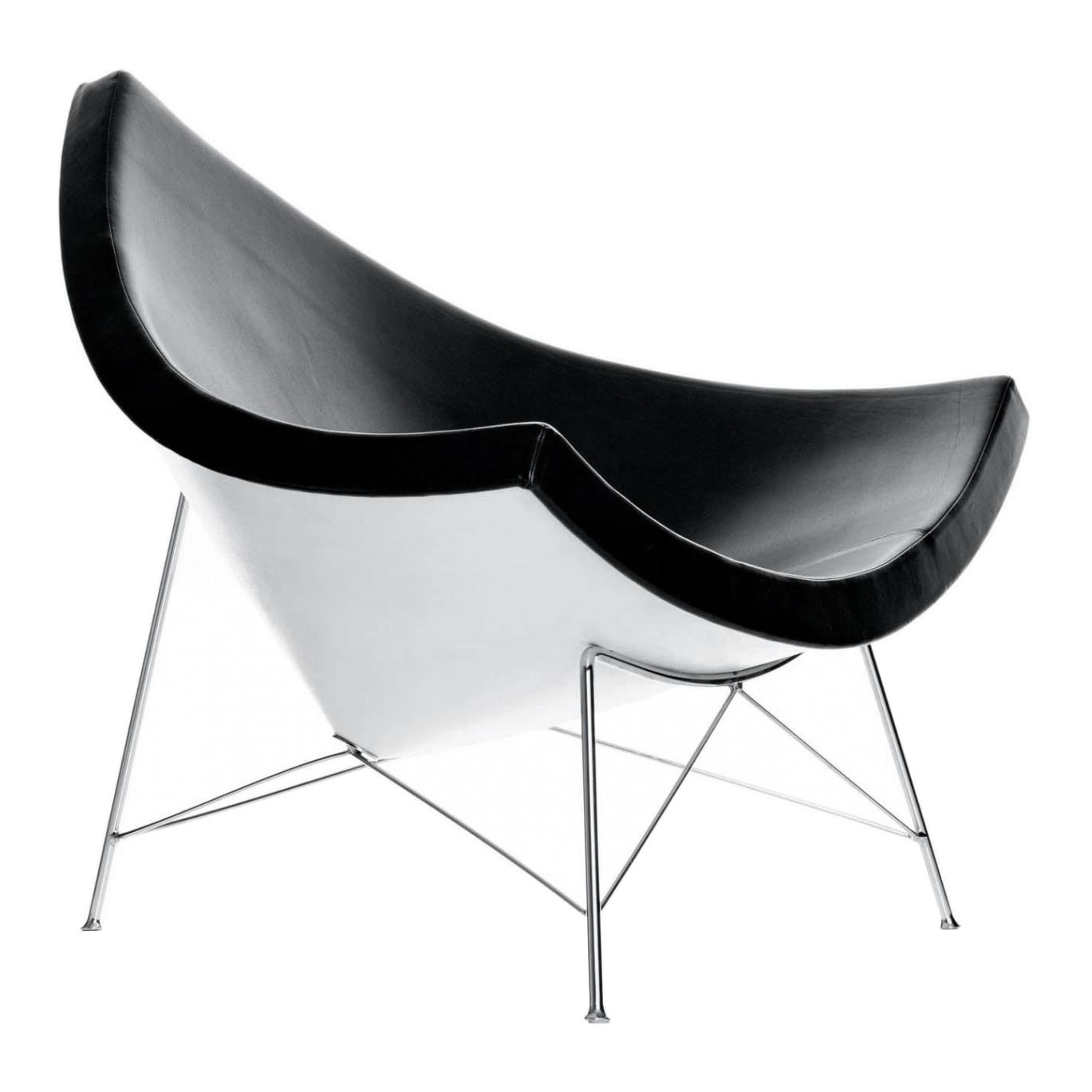 Vitra - Coconut Chair Nelson Sessel - schwarz/weiß/Bezug Leder schwarz/Schale weiß/Gestell verchromt/mit Filzgleitern von Vitra