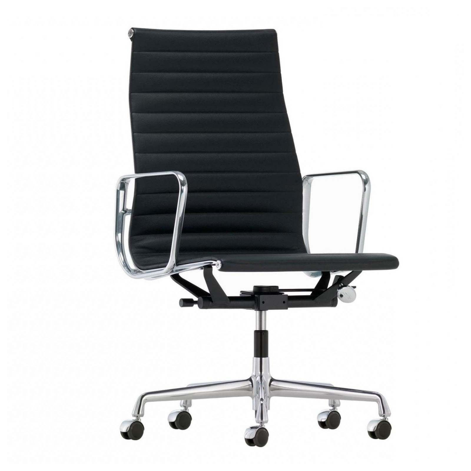 Vitra - EA 119 Alu Chair Bürostuhl Leder Gestell verchromt - schwarz nero/Bezug Leder 66/Gestell verchromt/mit weichen Rollen/BxHxT 101,5-113,5x58x58, von Vitra
