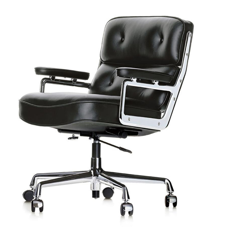 Vitra - ES 104 Eames Lobby Chair Bürostuhl - schwarz/Sitzfläche Leder /mit weich gebremsten Rollen/Gestell verchromt von Vitra